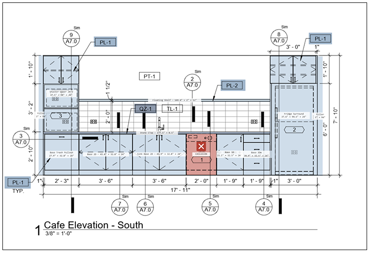 Cafe elevation, south, marked up in Markor Millwork: base and upper casework, floating shelf, fridge surround, an exclusion, finish tags PL-1, PL-2, QZ-1, TL-1, PT-1